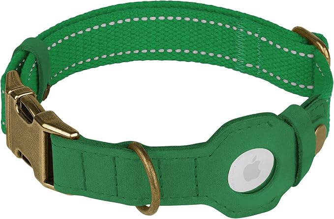 Reflective Leather Dog Collar with AirTag Holder - Soft Apple Airtag Dog Collar with Metal Buckle - Safety Cotton Pet Collars for Dogs Small Large Dogs Puppy (Green, L, 17"-21")