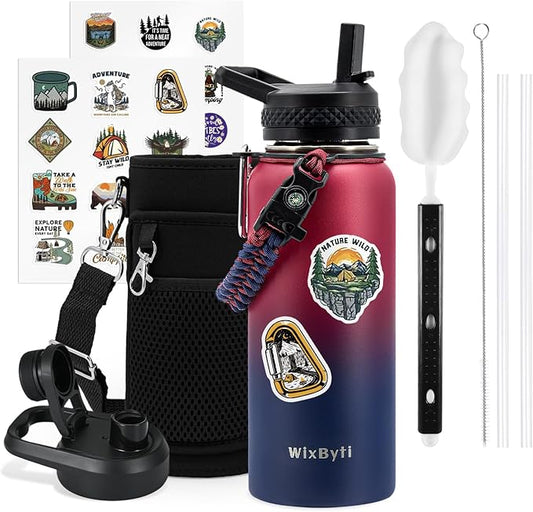 32 oz Insulated Water Bottle with Straw (Cold for 48 Hrs), Stainless Steel Triple Wall Vacuum Sports Water Jug, Leakproof Hydro Cup Flask with Paracord Handle & Straw Spout Lids & DIY Stickers
