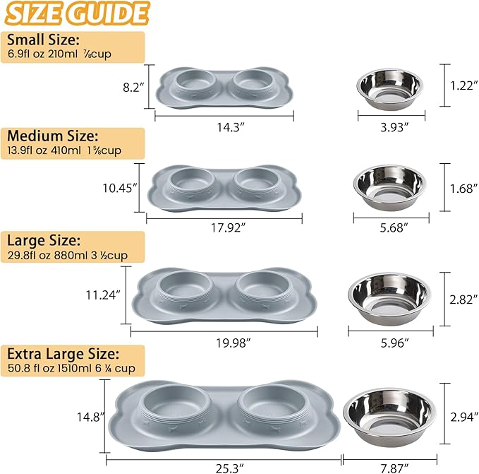 Hubulk Pet Dog Bowls 2 Stainless Steel with No Spill Non-Skid Silicone Mat + Pet Food Scoop Water and Food Feeder Bowls for Feeding Small Medium Large Dogs Cats Puppies ( Gray)