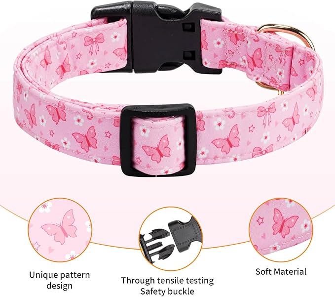 Cotton Dog Collar,Adjustable Cute Puppy Collar with Moon Patterned Design for Small Medium Large Dogs,Soft and Fancy Pet Collar with Safety Buckle for Girl Boy Dogs (Pink Butterfly, S)