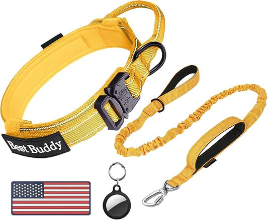 AUBELL Tactical Dog Collar and Leash Set, Reflective Adjustable Heavy Duty Military K9 Collars with Handle and Metal Buckle for Large Dogs, with Airtag Case and 2 Patches(Yellow,L)