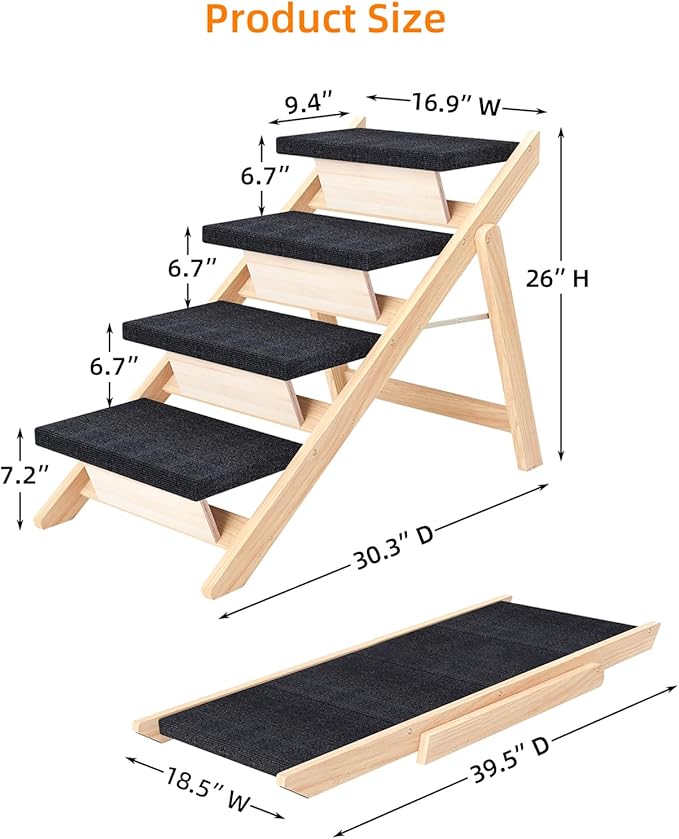 Dog Stairs/Ramp for Bed, Wooden Convertible Pet Steps, Portable Dog Ladder Up to 180 Pound for Elderly/Short-Legged Dogs, 4 Steps for Beds, Couch, Cars