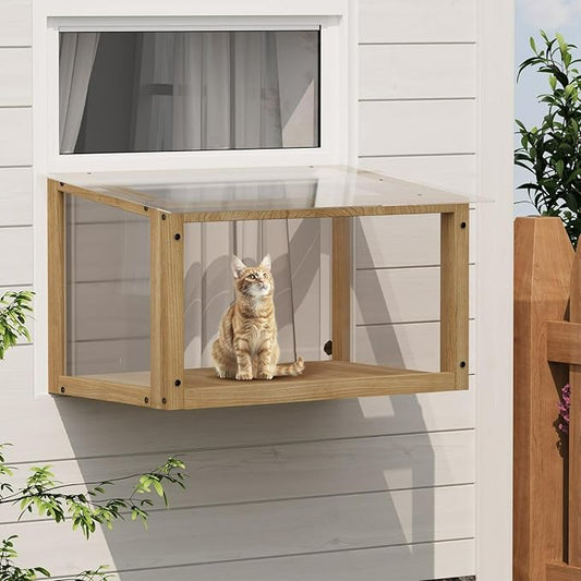 Cat Window Perch Outdoor Enclosure, Wooden Catio Weatherproof Window Box with Clear Acrylic Panels, 360° View Sunbathing Ledge for Indoor Cats