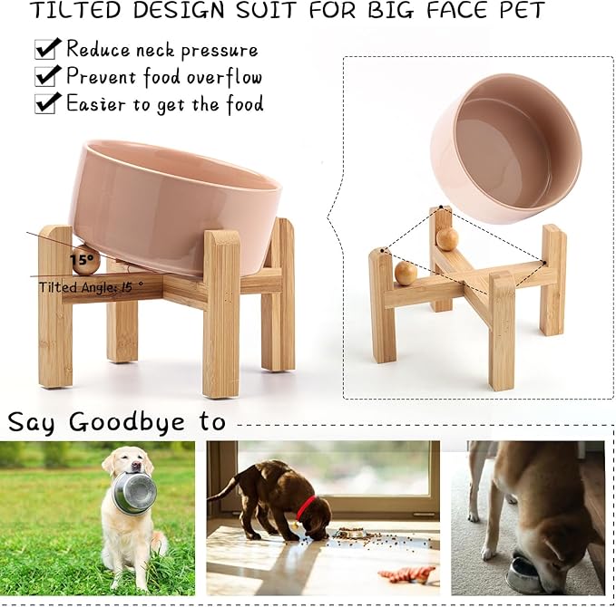 Petygooing Khaki Raised/Elevated 15°Slanted Ceramic Dog Bowl for Small Breeds,Tilted Anti Slip Pet Feeding Bowl,Food Water Dish with Stand for Cats and Small Dogs Puppy 13.5 OZ (5.1In / 1.7 Cups)