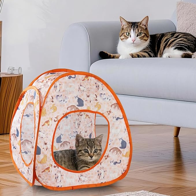 Andiker Cat Tent, 3 Holes Safe and Strong Cute Cats Tunnel Collapsible Easy to Carry Cat House for Indoor Cats Kittens Hiding Playing Training Sleeping (Tent Orange)