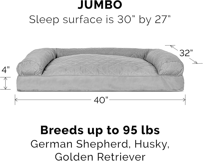 Furhaven Pillow Dog Bed for Large Dogs w/ Removable Bolsters & Washable Cover - Quilted Sofa - Silver Gray, Jumbo/XL