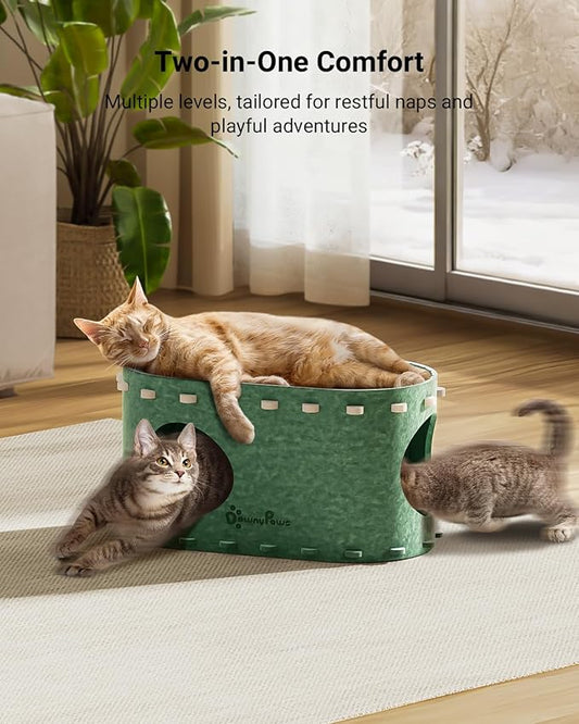 DownyPaws Cat House for Indoor Cats, Cat Bed Cave for Multiple & Large Cats Up to 22 Lbs, Scratch Resistant Peekaboo Cat Caves, Foldable Tunnel Enclosed Bed, PeekaPurr, Forest