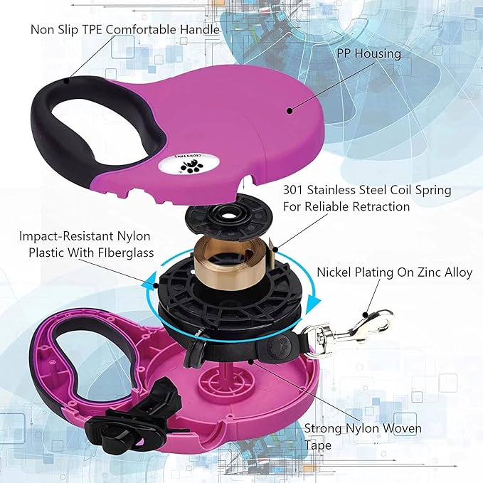 16ft Retractable Dog Leash for Large Breed Dogs up to 110 lbs with a Detachable Chew Proof Extender Wire Ropes (Pink L)