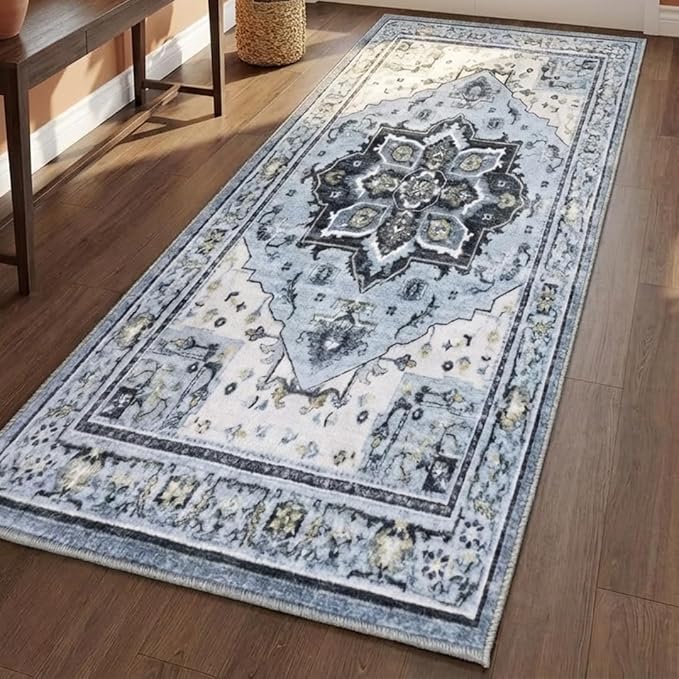 Muddy Mat짰 Azure 2ft x 7ft Washable Area Rugs for Living Room, Bedroom & Dining Room ??Modern Soft Low Pile Non Slip Carpet ??Pet Friendly Waterproof Foldable Rugs for Home