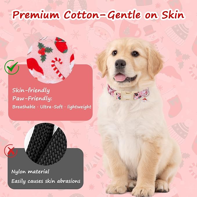 Pink Christmas Dog Collar, Adjustable Cotton Dog Collars with Santa & Snowman Patterrn, Holiday Dog Collars for Small Dogs, Cute Winter Collar for Girl Boy Dogs-S