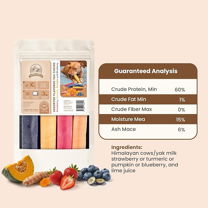 KATHMANDU'S 100% Natural Flavored Yak Chews – Keep Dogs Busy & Happy with Our Lactose & Rawhide Free Himalayan Dog Chews - Long Lasting Dental Treats for Aggressive Chewers (Large, Pack of 4)