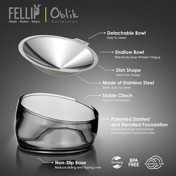 Felli Pet Oblik Whisker Fatigue Cat Food Bowl Raised Stainless Steel Shallow Dish, Pet Friendly Design Anti Vomit Tilted Metal Plate Feeder Elevated Acrylic Base for Treats Storage (0.5 Cups, Smoky)