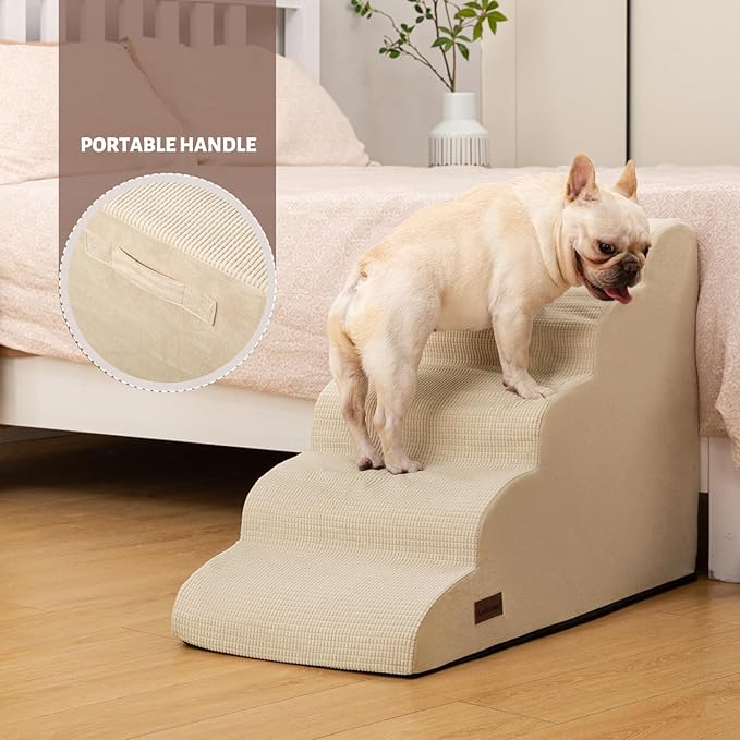 5-Step Dog Stairs and Ramp for High Bed,Non-Slip Sturdy Pet Steps for Small Dogs and Cats,22.2" H,Beige