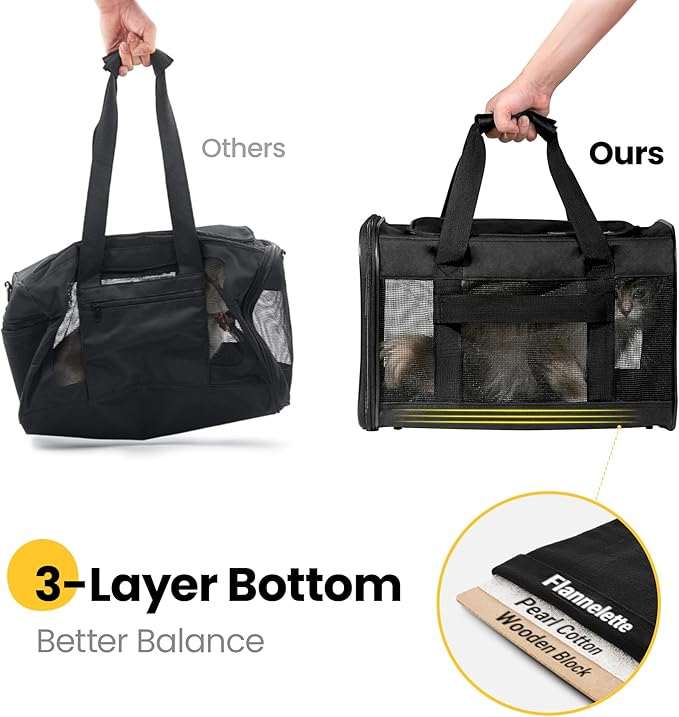 Cat Carrier Airline Approved, Soft-Sided Dog Carrier with Inner Safety Leash, Pet Transport Carrier for Small-Medium Cats Puppies up to 15 Lbs, Collapsible Travel Kitten Carrier Bag -BlackM