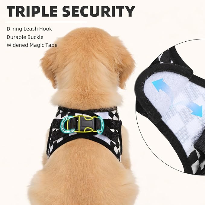 PUPTECK Adjustable Dog Harness Collar and Leash Set Step in No Pull Pet Harness for Small Medium Dogs Puppy and Cats Outdoor Walking Running, Checkered Black&White L