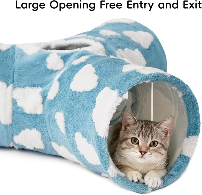 Tempcore Cat Tunnels for Indoor Cats, Cat Tube Toys 3 Way Collapsible, Pet Play Tunnel with Peek Hole Toy Ball for Kitty, Kitten, Rabbit, Blue Cloud