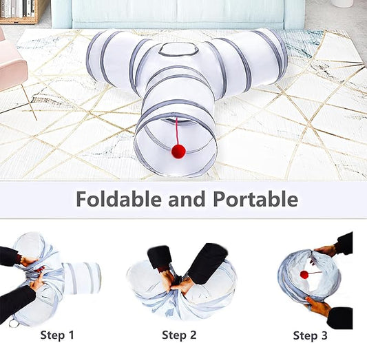 Cat Tunnel Tube Toys, Tunnels for Indoor Cats, 3 Way Colorful White Gray Collapsible Interactive Toy with Balls for Rabbits, Kittens, Ferrets, Puppy