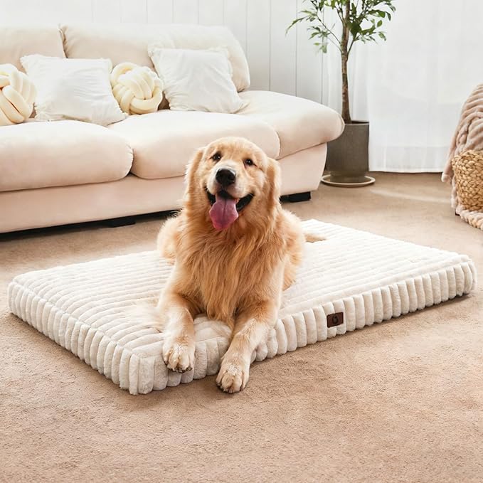 Large Orthopedic Dog Crate Bed with Waterproof Lining, Soft Short Plush Surface & Egg Crate Foam for Calming Puppy, Machine Washable Pet Bed with Removable Cover & Anti Slip Bottom