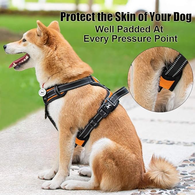 PoyPet No Pull Dog Harness, Reflective Comfortable Vest Harness with Front & Back 2 Leash Attachments and Easy Control Handle Adjustable Soft Padded Pet Vest for Small to Large Dogs (Orange,S)