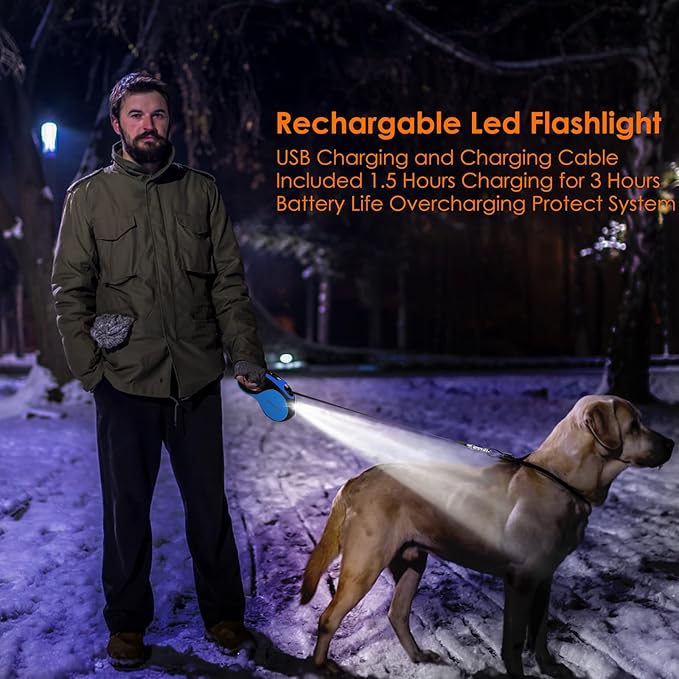 Retractable Dog Leash with Chew Proof Cable and LED Flashlight, 16Ft Heavy Duty Dog Leash for Medium Large Dogs up to 110lbs, 360째 No Tangle (Blue+16ft+LED)