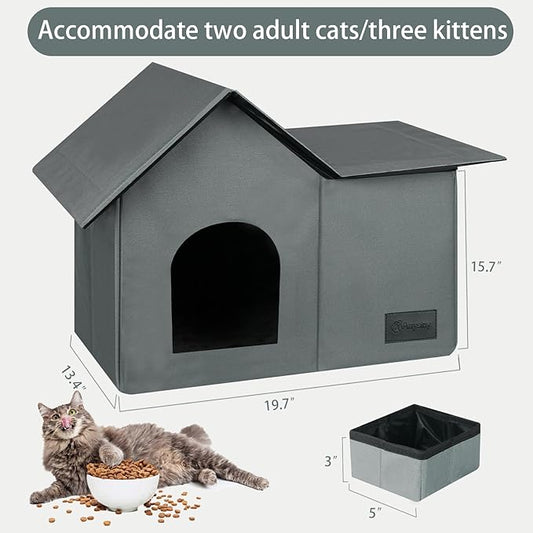 Cat Houses for Outdoor Cats-Large Weatherproof Cat Bed for Indoor Cats,Collapsible Warm Feral Cat Shelter with Removable Soft Mat and Bowl for Winter (Gray, Large)