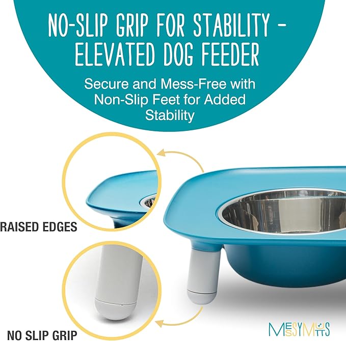 Messy Mutts Elevated Double Feeder with Stainless Bowls | Adjustable Height 3”, 5”, or 10” | Adjustable Standing Feeder for Dogs | 5 Cups per Bowl | Blue