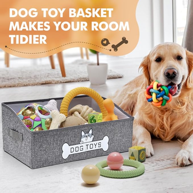 Dog Toy Basket, Specially Designed for Dog Toy Storage, Collapsible Dog Toy Box with Handle，Perfect for Storing Pet Toys and Accessories - Grey