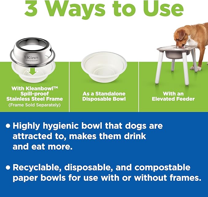 Kinn Kleanbowl Pet Bowl Stainless Steel Frame with Compostable Refills, 32 oz (Pack of 2) – Spill-Proof Stable Disposable Pet Bowls for Easy Cleaning and Healthy Pets, No Plastic