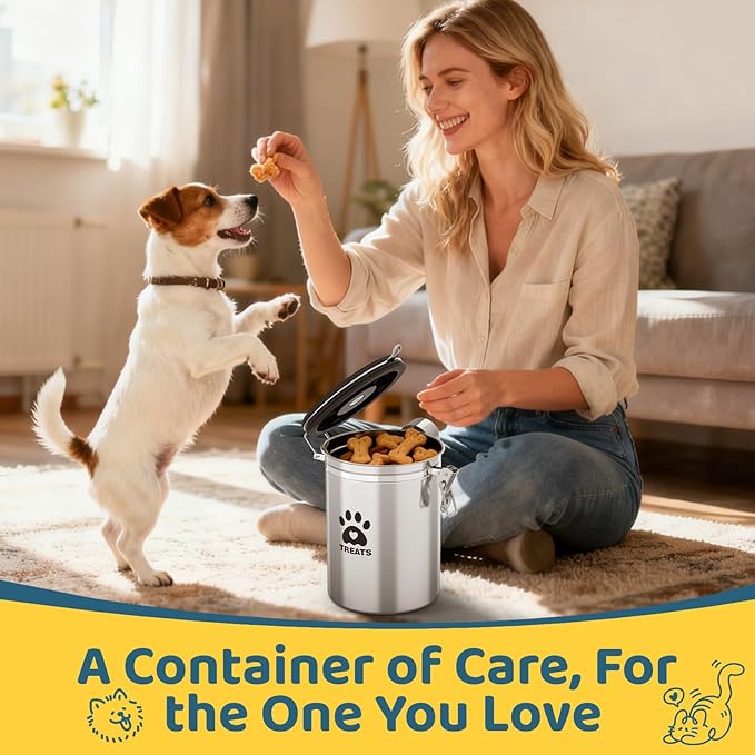 Dog Treat Container Airtight,5.9"x4.7" Stainless Steel Cat Treat Jar for Kitchen Counter with Scoop, Pet Storage for Fresh Dog Cookie
