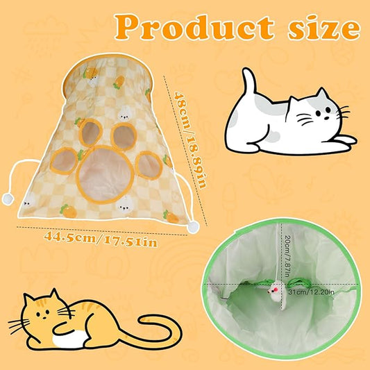 Andiker Cat Tunnel Bags for Indoor Cats, 13x17x12In Foldable Cat Crinkle Bag with 3 White Plush Balls and 1 Mouse 5 Holes for Kitten to Hide and Catch 3 Layers Cat Toy (Rabbit)