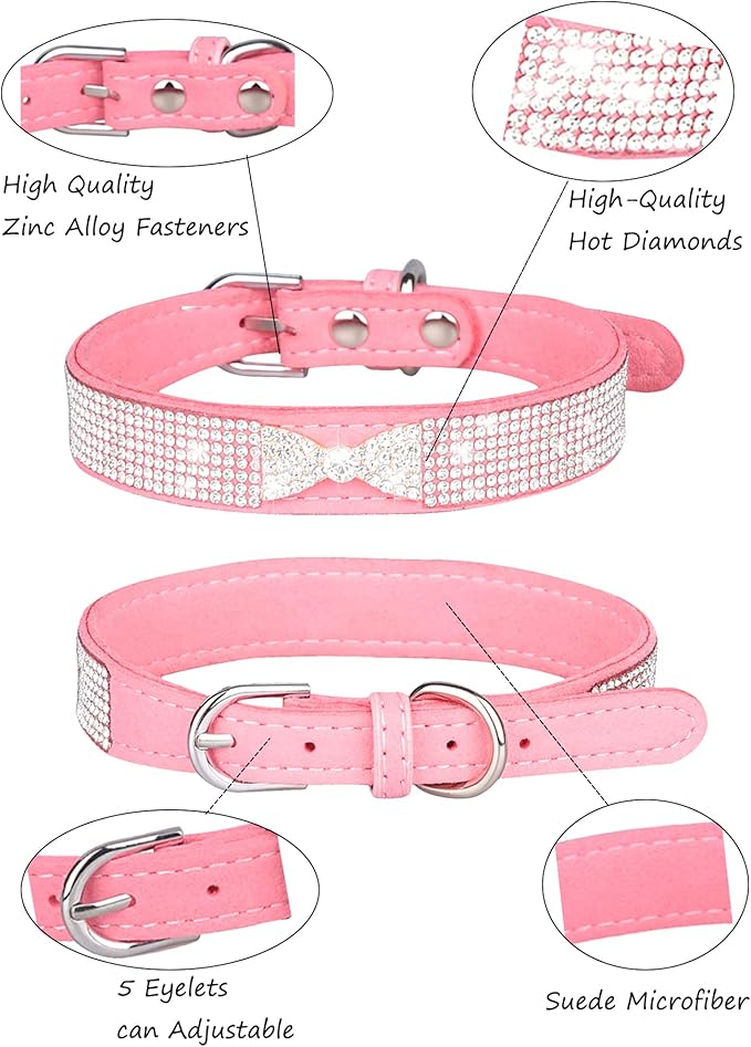 Dog Collar for Small Dogs, Adjustable Leather Suede Bling Dog Collars，Pink Dog Collar Cat Collar, Rhinestone Dog Collar (XS, pink4)