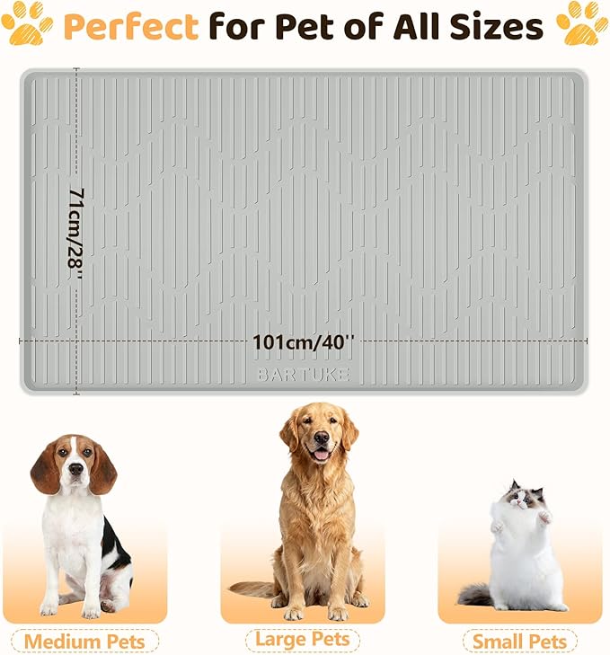 Silicone Cat & Dog Food Mat, 40"x 28" Extra Large Pet Feeding Mat for Cats and Dogs Bowl, Pet Placemat for Food and Water with Raised Edge, Waterproof, Leakproof (Grey)