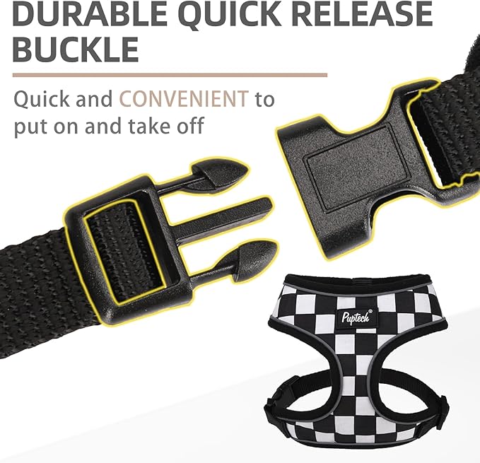 PUPTECK Soft Mesh Dog Harness and Leash Set Pet Puppy Cat Comfort Padded Vest No Pull Harnesses, Checkered Black&White, XS
