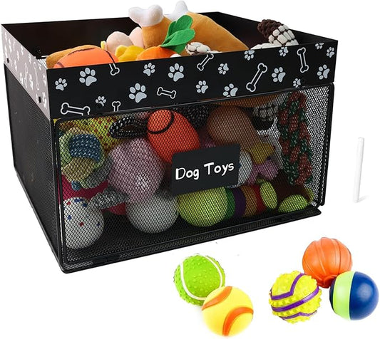 Indestructible Dog Toy Basket,Chew Proof Metal Dog Toy Box,Large Dog Toy Bin with Ventilated Mesh,Basket for Dog Toys for Leash,Accessories,Blanket Food Storage Container(Black)