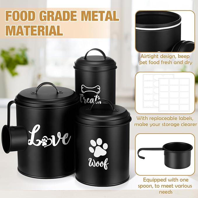Dog Food Containers Set of 3 with Lids and Spoon Airtight Metal Dog Treat Snack Jars with DIY Labels Big Pet Cookie Storage Jar for Farmhouse Kitchen Counter(Black)