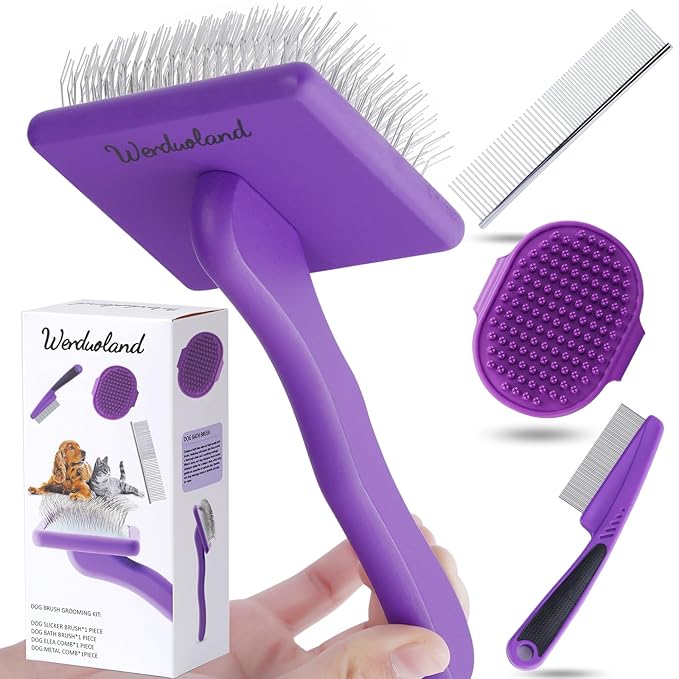 Ergonomic Slicker Brush for Long-Haired Dogs, Wooden Handle Dog Brush,Goldendoodles, Labradoodles, Poodles Long Pins for Grooming Loose Hair，Effectively Removes Tangles, Knots and Loose Fur