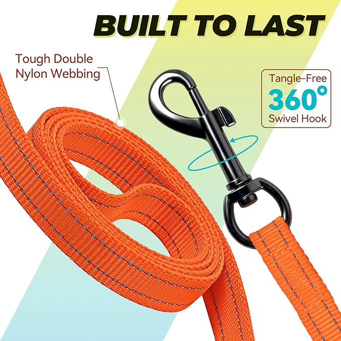 VIVAGLORY Twingrip Dog Leash, Double Handle Dog Leash for Training & Walking with Traffic Handle & 2 Loop, Traffic Control Reflective Heavy Duty for Puppy Pet, 5ft x 1/2in, Orange