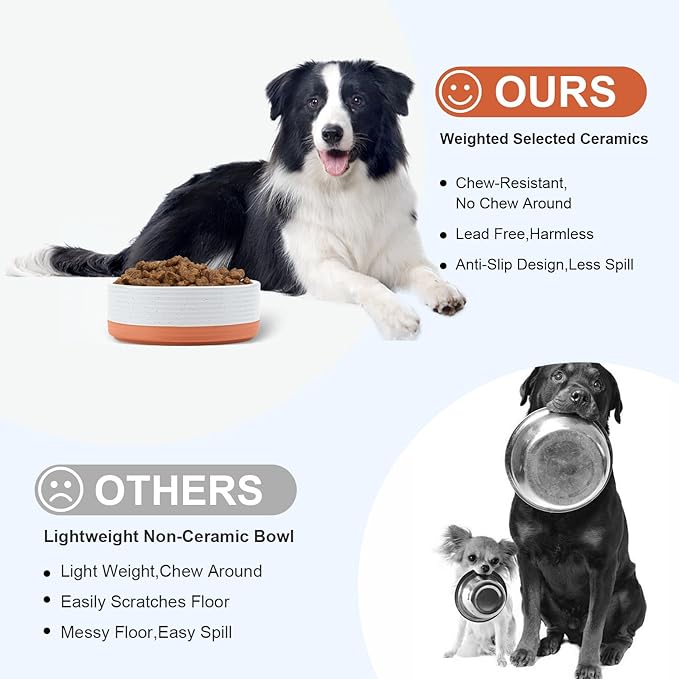 SPUNKYJUNKY Ceramic Dog Bowls 2 Pack, 7.3'' Dog Food Water Double Feeding Bowls Non-Slip for Medium to Large Sized Breed Microwave Dishwasher Safe - 42 OZ, 2pcs, Pattern White