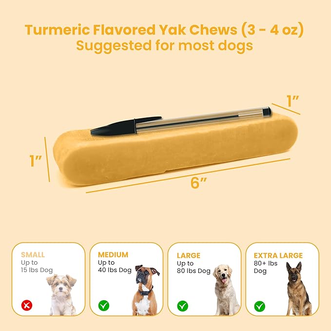 KATHMANDU'S 100% Natural Turmeric Flavored Yak Chews – Keep Dogs Busy & Happy with Our Lactose&Rawhide Free Himalayan Dog Chews - Long Lasting Dental Treats for Aggressive Chewers (Large, Pack of 4)