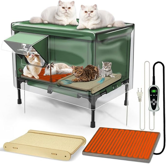 4-in-1 Heated Outdoor Cat House 24.8×22×16.1 inch Weatherproof with Heating Pad, Scratching Bed and Elevated Bed, Waterproof Windproof TPU Rain Cover, Large size Heated Cat House for Outdoor Cats