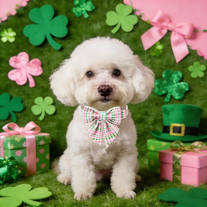 Maca Bates St. Patrick's Day Irish Plaid Dog Collar with Sailor Bow Tie,Cherry Pink Green Gingham Pattern for Extra Large Girl Boy Dogs,Adjustable Durable Soft Collars Gift for Male Female Puppy