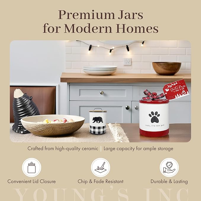 Young's Inc Ceramic Christmas Pet Treat Jar with Lid, Dog and Cat Treat Container for Countertop, Small Animals, Cat, Dog Cookie Jar, Decorative Gifts for Pet Owners, 6 Inch Tall
