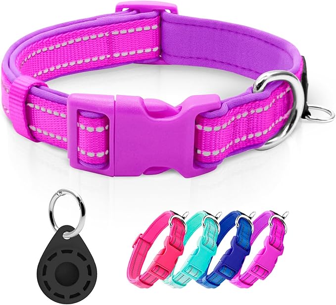 azuza Reflective Dog Collar with Airtag Holder, Soft Neoprene Padded Pet Collar with ID Tag Ring, Adjustable for Large Dogs,Purple,L