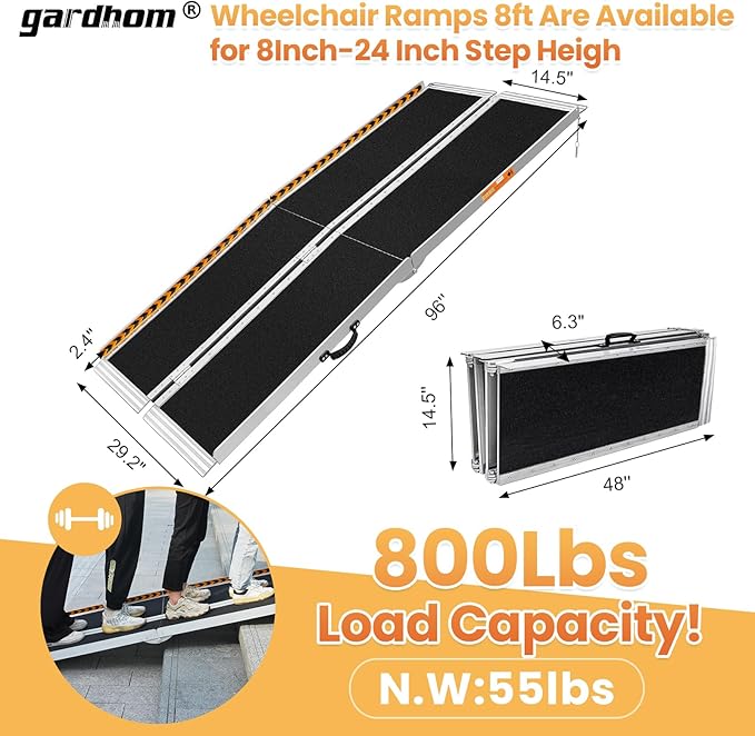gardhom Portable Wheelchair Ramp 8FT, Anti-Slip Aluminum Handicap Ramp Wheelchair Ramps for Home Steps Entrance Threshold Doorways Stairs Curbs Scooter