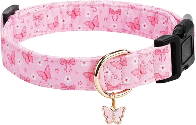 Cotton Dog Collar,Adjustable Cute Puppy Collar with Moon Patterned Design for Small Medium Large Dogs,Soft and Fancy Pet Collar with Safety Buckle for Girl Boy Dogs (Pink Butterfly, S)