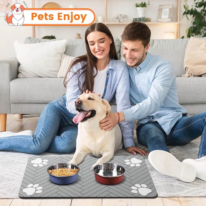 Pet Feeding Mat-Absorbent Pet Placemat for Food and Water Bowl, with Waterproof Rubber Backing, Quick Dry Water Dispenser Mat for Dog and Cat (20"x12", Striped Light Gray)
