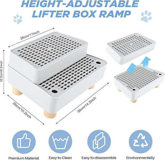 Adjustable 2 Steps Litter Box Ramp, Cat Litter Catcher Mat with Wooden Feet, Filter Function, Litter Box Step for Small & Elderly Cats, Fits Automatic Litter Boxes (Light Grey)