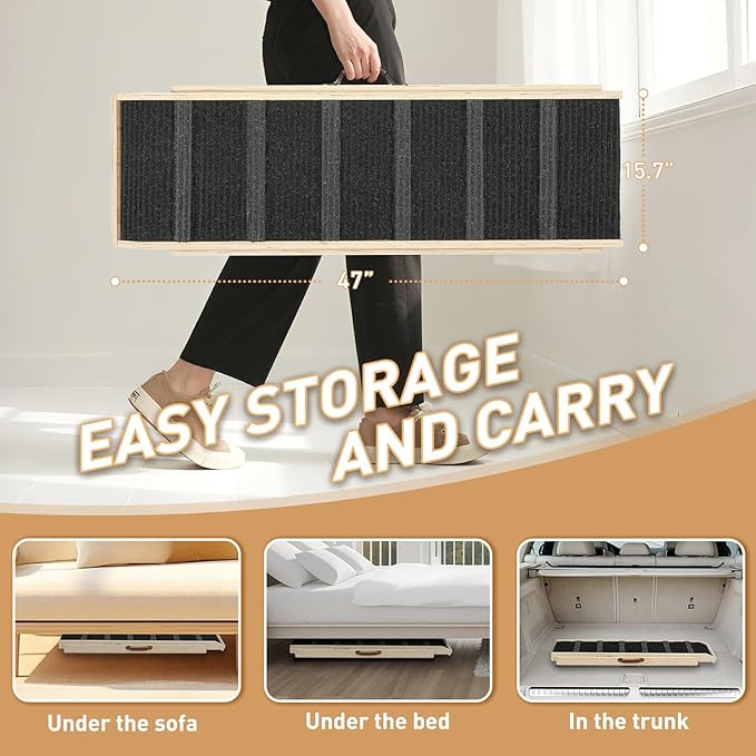 Dog Ramp for Bed - Foldable Small to Large Dog Ramp for Couch - 7 Adjustable Height from 11" to 27" - Stairs with High Traction Mat - Wooden Portable Ramp for Dogs to Get on Bed Couch Car Up to 200LBS