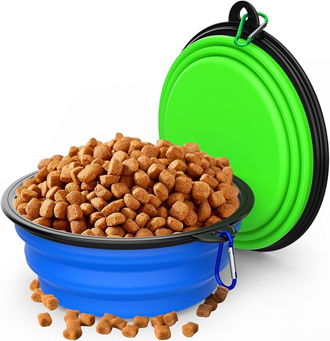 2 Pack Collapsible Dog Bowl Travel Portable Pet Bowls [34oz,1000ml],Expandable Foldable Food Water Feeding Dishes for Traveling Hiking Walking,with Carabiners [Green,Blue]