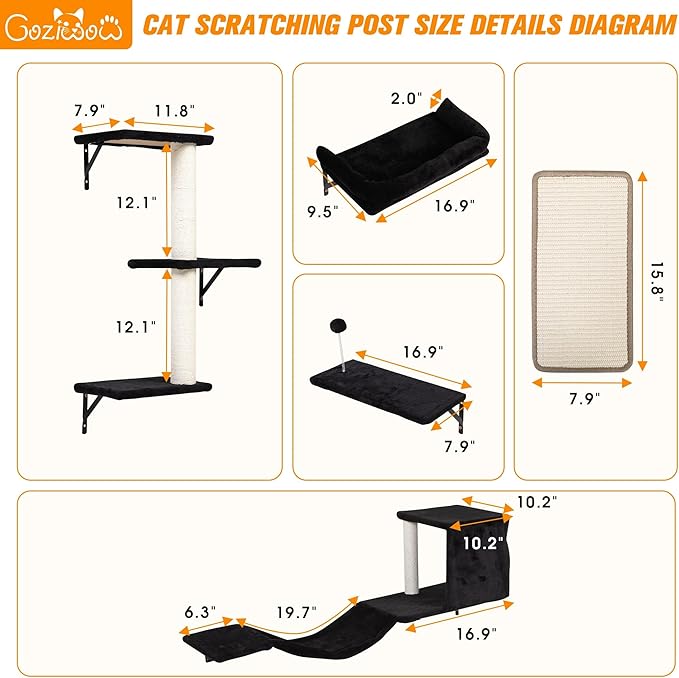 COZIWOW Cat Wall Shelves Set, 5-Piece Wall Mounted Cat Furniture with Cat Tree & Scratching Post, Floating Cat Perches for Indoor Cats（Grey）